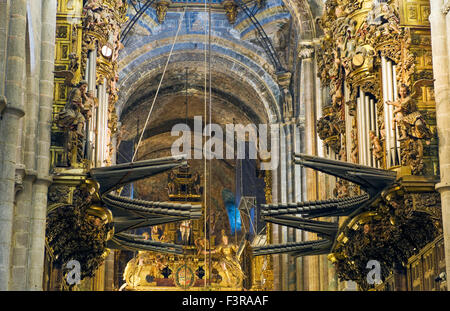 Interior cathedral detail showing organ pipes in the The Cathedral of Santiago de Compostela in Spain Stock Photo