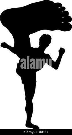 EPS8 editable vector silhouette of a man doing a karate kick with wide-angle perspective Stock Vector