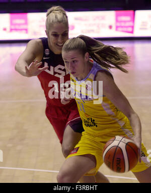 From left Elena Delle Donne of USA and Katerina Elhotova of USK Praha fight for a ball during the friendly basketball match ZVVZ USK Praha vs USA in Prague, Czech Republic, October 10, 2015. (CTK Photo/Michal Krumphanzl) Stock Photo