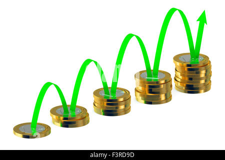 business graph with green arrow and coins isolated on white background Stock Photo