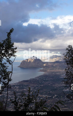 View from Erice in Sicily towards riserva naturale orientata Monte Cofano Stock Photo