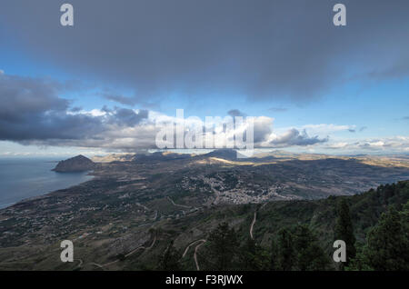 View from Erice in Sicily towards riserva naturale orientata Monte Cofano Stock Photo