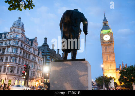 Big Ben and Winston Churchill Statue, Westminster, London, United Kingdom Stock Photo