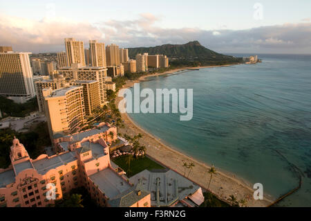 Panoramic and aerial view of Waikiki Beach. O'ahu. Hawaii. Waikiki is most famous for its beaches and every room is just two or Stock Photo