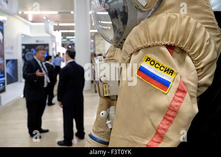 Jerusalem, Israel. 12th October, 2015. An Orlan space suit used for training cosmonauts in the Russian Space Program at the IAC International Astronautical Congress in Jerusalem, Israel on 12 October 2015. Israel’s space sector has significantly developed and expanded recent years in diverse areas of interest. Israeli President Reuven Rivlin, along with representatives of Google and Spacell an Israeli space engineering company, announced last week that Israel plans to land a private spacecraft on the moon before the end of 2017. Credit:  Eddie Gerald/Alamy Live News Stock Photo