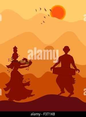 Shadow Art, Women Toy Seller And Dholak Player Vector Art Stock Vector