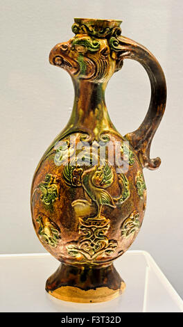 Polychrome Glazed Pottery Ewer with a Phoenix Head 618 - 907 AD Tang Han Dynasty ( Shanghai Museum of ancient Chinese art ) China Stock Photo