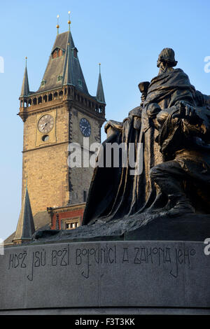 The Jan Hus Memorial and Old Town Hall tower, Old Town Square, Prague, Czech Republic Stock Photo