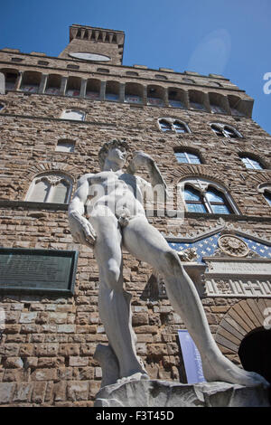 A replica of Michelangelo's David sculpture in Piazza della Signoria,  in front of Palazzo Vecchio Florence, Italy, Europe Stock Photo