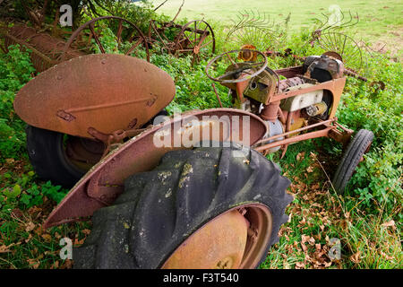 A derelict Ferguson tractor lies rusting in a field on a farm at the Stiperstones, Shropshire, England, UK Stock Photo