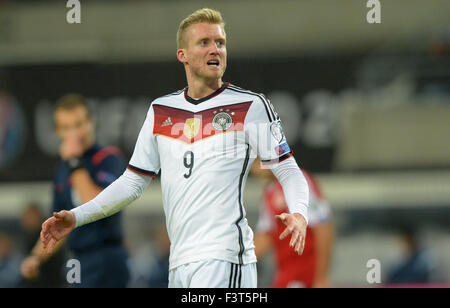 Leipzig, Germany. 11th Oct, 2015. Germany's Andre Schuerrle reacts during the EUFA EURO 2016 qualifying match between Germany and Georgia in the Arena in Leipzig, Germany, 11 October 2015. Photo: THOMAS EISENHUTH/dpa/Alamy Live News Stock Photo
