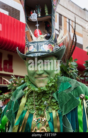 Man in hat and costume at the traditional Hastings Jack in the Green festival, Hastings, East Sussex, England, UK Stock Photo