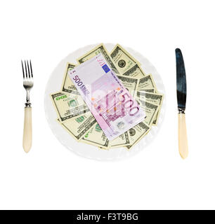 Money on plate isolated on white background Stock Photo