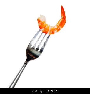 Cooked shrimp on a fork, isolated on white background Stock Photo