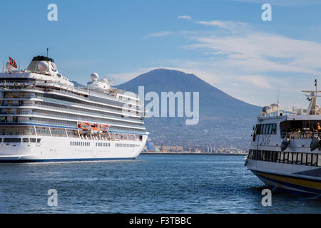 MV Viking Star cruise ship docked in Naples in front of Mount Vesuvius, Italy Stock Photo