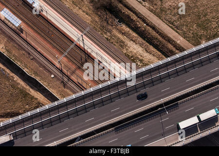 aerial view of the highway and railway tracks near Wroclaw city in Poland Stock Photo