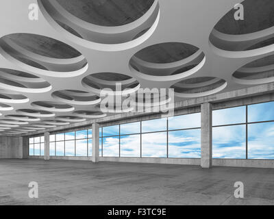 Empty concrete interior background with round holes ceiling pattern and blue sky outside, 3d illustration Stock Photo