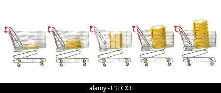 Shopping carts with euro coins isolated on white background Stock Photo