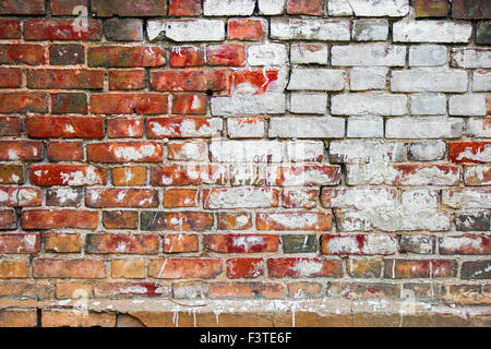 Old brick wall with big white spot of old paint, place for text, copy space Stock Photo