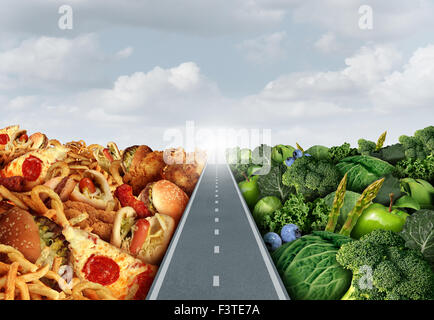 Diet lifestyle concept or nutrition decision symbol and food choices dilemma between healthy good fresh fruit and vegetables or Stock Photo