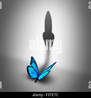 Power aspiration business concept and determined motivation symbol as a blue butterfly casting a shadow shaped as a rocket blasting off as a success potential metaphor. Stock Photo