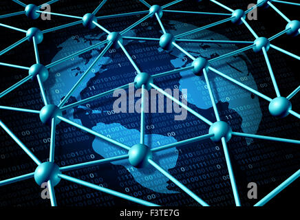 Global data network as an internet business concept with a worldwide technology symbol on binary code as an icon for connected software networking. Stock Photo