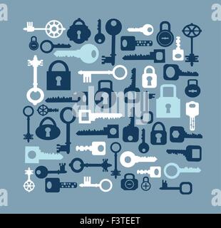 Silhouettes set of keys and locks in style flat Stock Vector