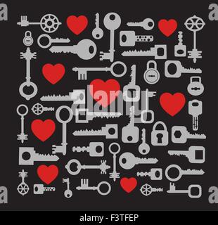 Key to my heart. Romantic song of the keys, locks and loving hearts on a black background. Stock Vector
