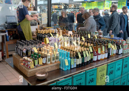 Gourmet products, extra virgin olive oil, balsamico, truffle oil, etc. at Torvehallerne, the covered food market, Israels Plads, Israels Square. Stock Photo