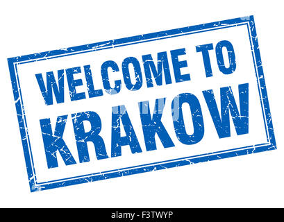 Krakow blue square grunge welcome isolated stamp Stock Photo