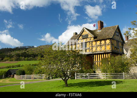 UK, England, Shropshire, Craven Arms, Stokesay Castle, gatehouse with Stoke Wood behind Stock Photo