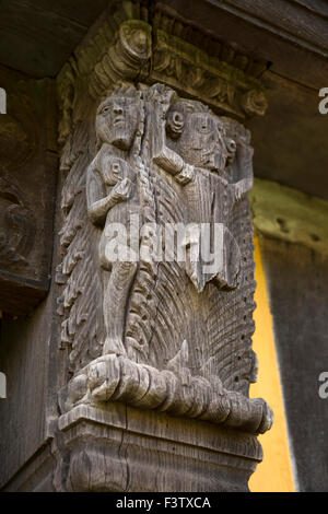 UK, England, Shropshire, Craven Arms, Stokesay Castle, gatehouse, Adam and Eve woodcarving