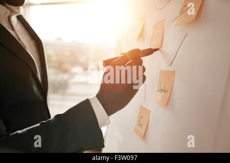 Cropped shot of businessman putting his ideas on white board during a presentation in conference room. Focus in hands with marke Stock Photo