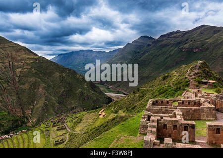 View of the Sacred Valley and ancient Inca terraces in Pisac, Peru. Stock Photo