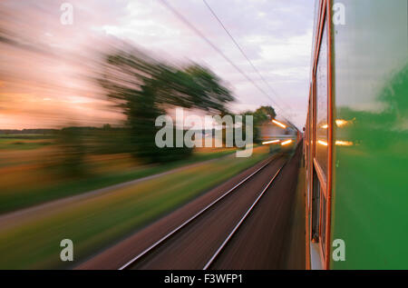View from the window of speeding train Stock Photo