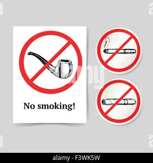 Sketch no smoking poster and lables, vector set Stock Vector