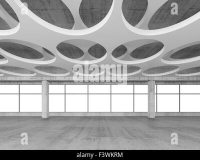 Empty concrete interior background with round holes pattern on white ceiling constructions, 3d illustration, frontal view Stock Photo