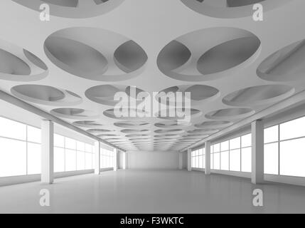 Empty white interior background with round holes pattern on ceiling, 3d illustration, frontal perspective view Stock Photo