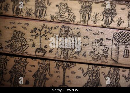 Frankfurt, Germany, 13th Oct, 2015. Old illustrations on palm leaves from Java (circa 1531) on display in the pavillion of guest of honour country Indonesia at the Frankfurt Book Fair, in Frankfurt am Main, Germany, 13 October 2015. PHOTO: FREDRIK VON ERICHSEN/DPA Stock Photo