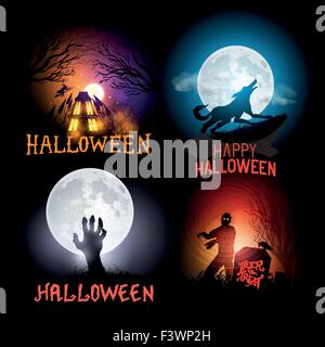Halloween Vector Backgrounds. Scenes included a haunted house, a werewolf and zombies. Vector illustration. Stock Vector