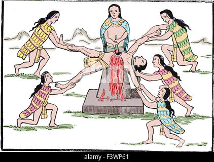 Aztec human sacrifice. Historia de los Indios by Diego Duran, 1579. Engraving, 19th century. Stock Photo