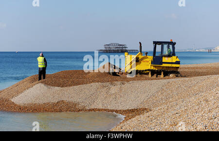 Brighton UK Tuesday 13th October 2015 - Work has begun to improve the sea defences on Brighton beach this week . Stock Photo