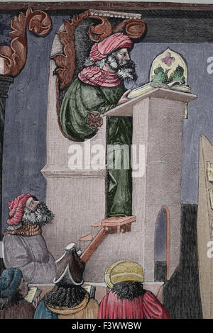 Medieval university. Engraving, 19th century. Later colouration. Stock Photo