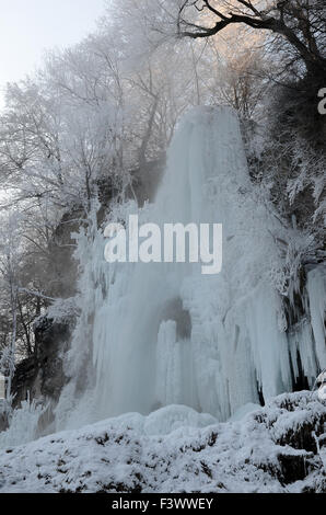 Waterfall frozen of Bad Urach in Germany Stock Photo