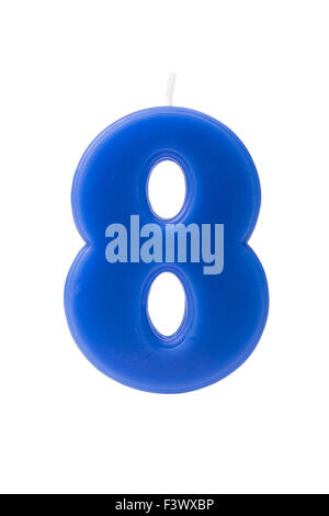 Blue birthday candle in the form of the number eight on white background Stock Photo