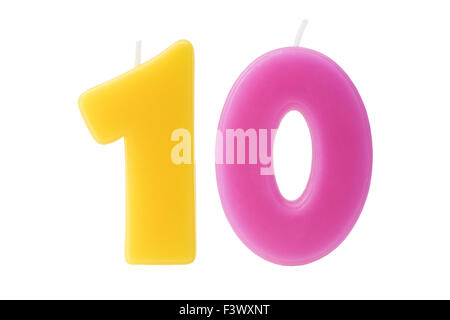 Colorful birthday candles in the form of the number ten on white background Stock Photo