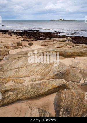 Rocks on the Shore and Coquet Island from Hauxley Beach near Amble Northumberland England Stock Photo