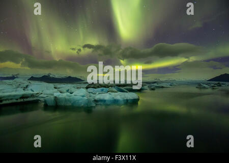 Northern lights over the Glacier Lagoon in south Iceland Stock Photo