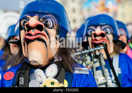 The great procession at Basler Fasnet is one of the most spectacular events, masked bands are playing the famous Guggenmusic Stock Photo