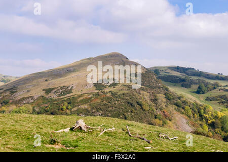 View to Roundton Hill with Iron Age hillfort seen from Todleth Hill Churchstoke or Church Stoke Montgomeryshire Powys Wales UK Stock Photo